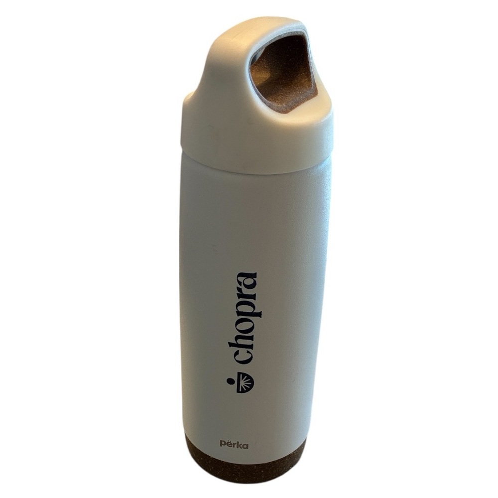 Perka White Water Bottle Recycled Cork Bottom and Top Chopra On Side Thermal